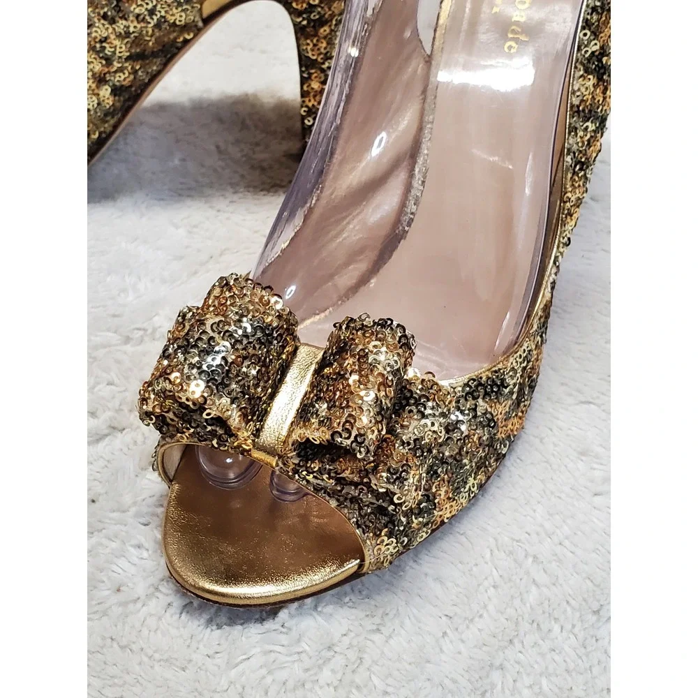 Kate Spade Gold Sequin Bow Stiletto Slingback High Heel Shoe 9.5 Party‎ Luxury